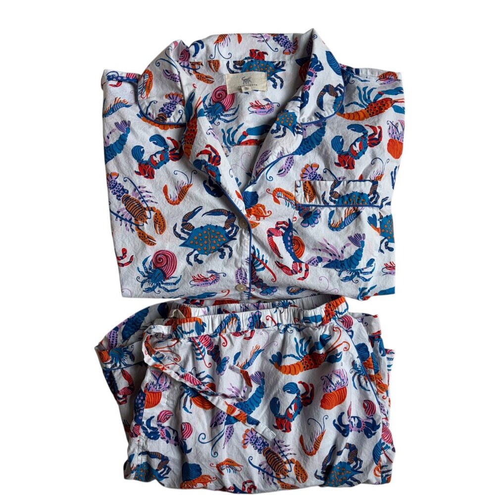 Printfresh Women's Seafood Print Pajama Set in White, Blue, Orange, Purple